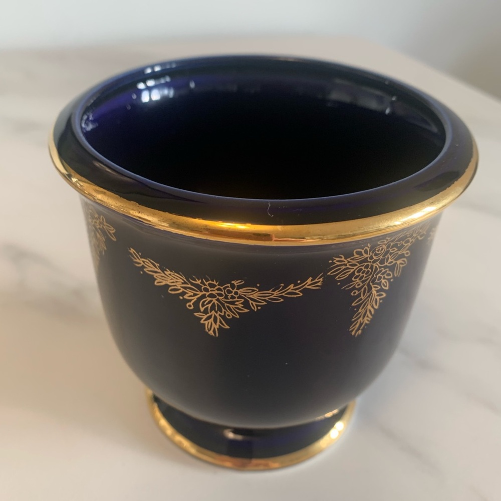 Vintage Japanese Cobalt Blue Ceramic Planter Vase  w/ Gold Floral Accents